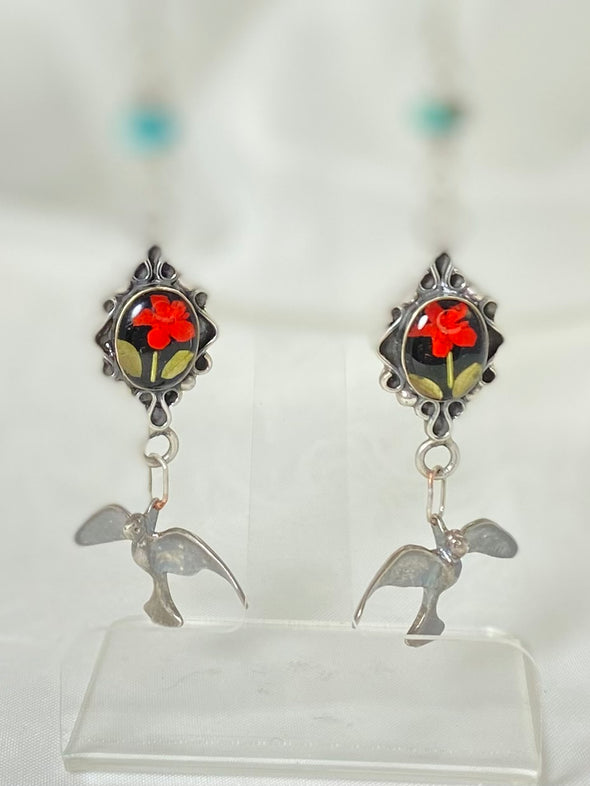 Natural flowers! Sterling silver birds! Long and dangling earrings