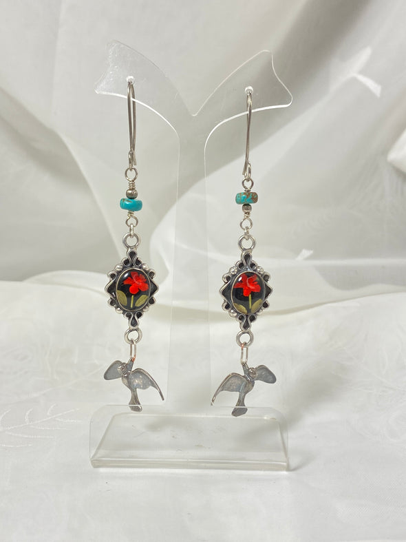 Natural flowers! Sterling silver birds! Long and dangling earrings