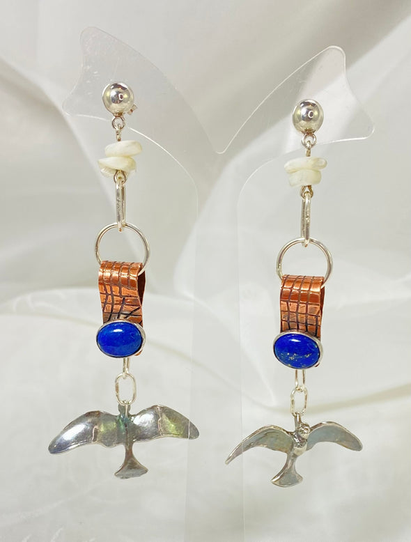 Lapis Lazuli, copper, sterling silver birds Earrings