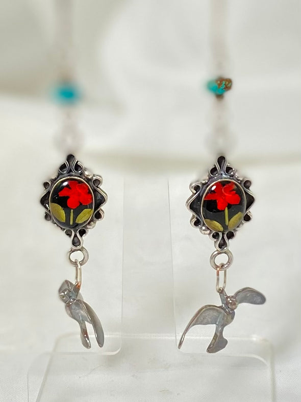 Natural flowers! Sterling silver birds! Long and dangling earrings