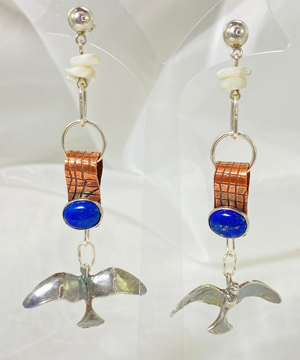 Lapis Lazuli, copper, sterling silver birds Earrings