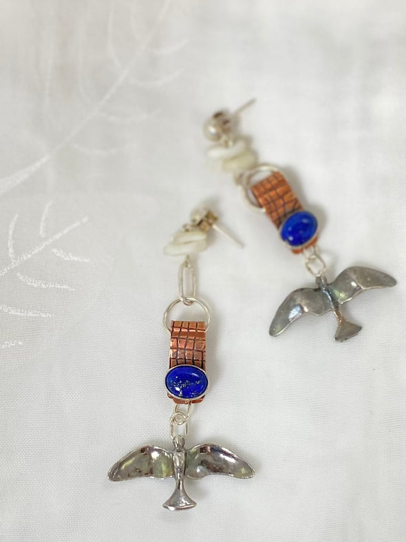 Lapis Lazuli, copper, sterling silver birds Earrings